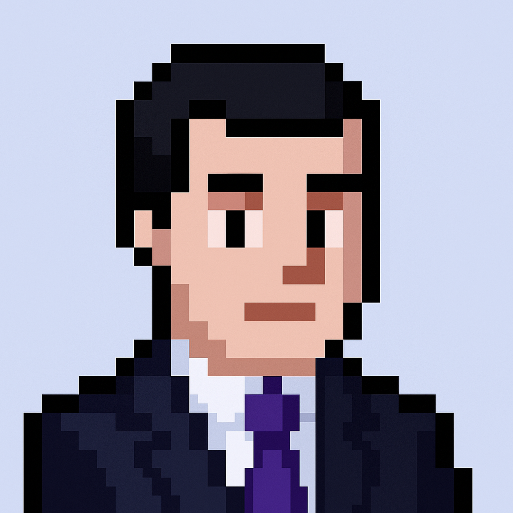 Commercial sales manager AI agent avatar for quarterly business review automation - professional pixel art character in business suit
