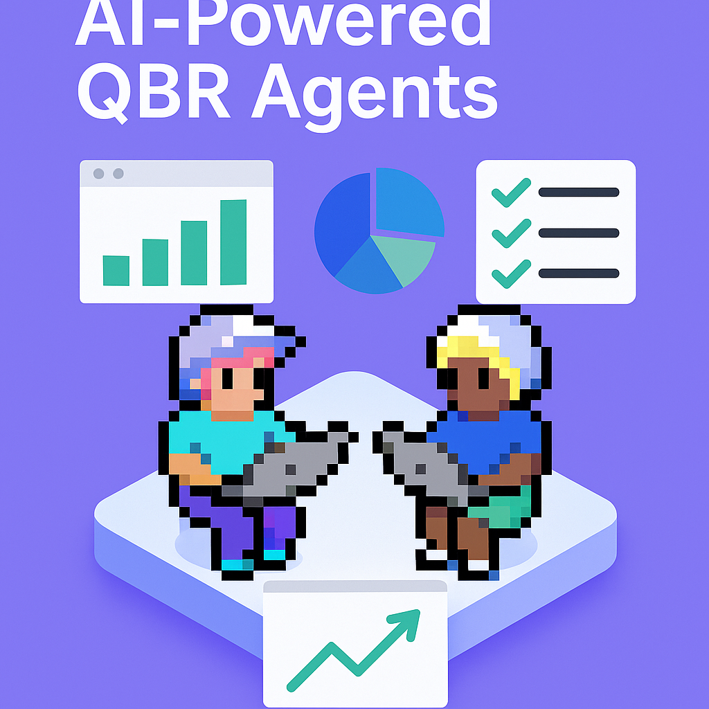 AI-Powered QBR Agents - two commercial sales managers using laptops with quarterly business review data charts, graphs, and analytics for automated meeting preparation