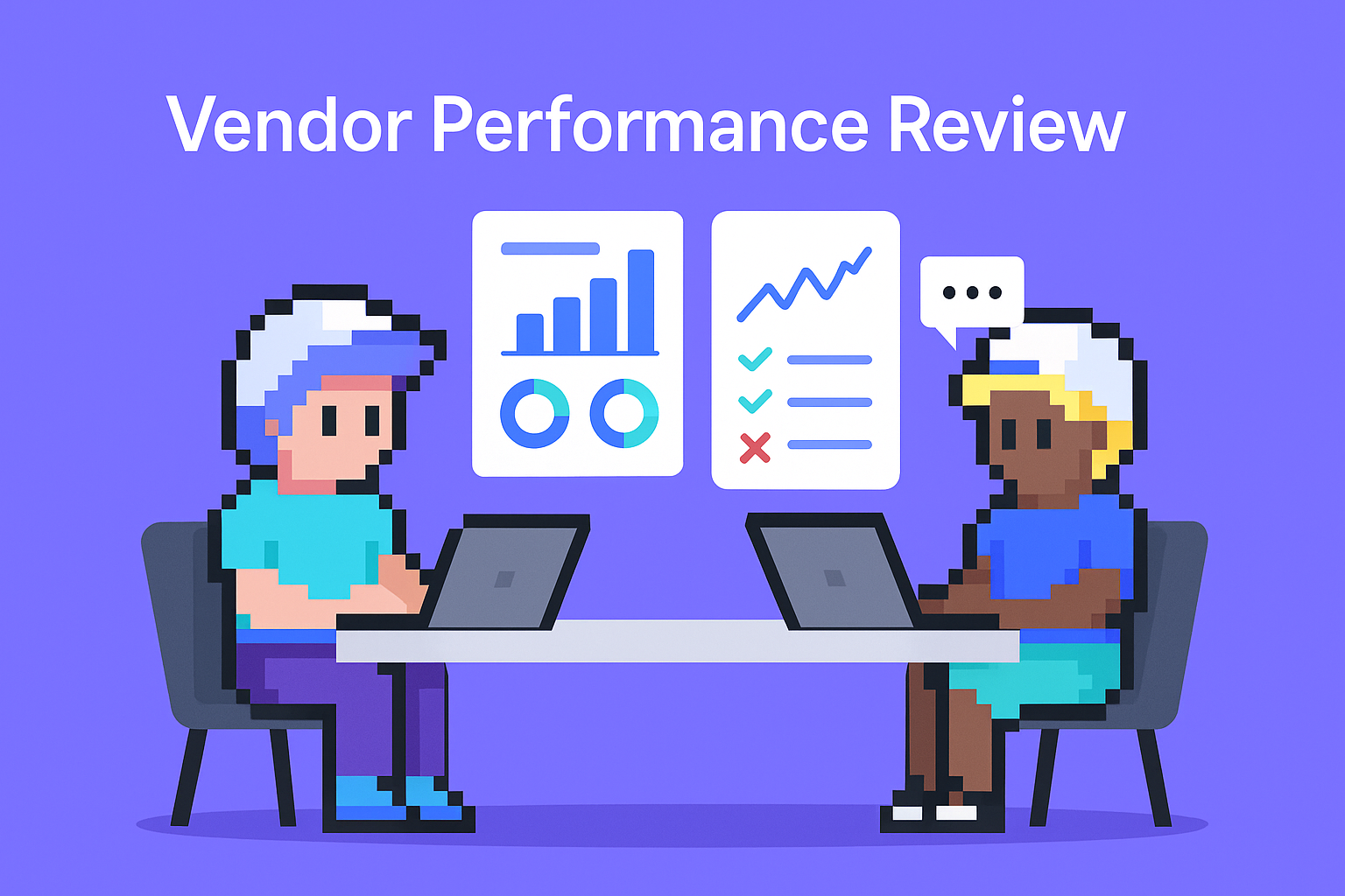 Vendor Performance Review meeting illustration showing two professionals analyzing vendor performance data with charts and KPI scorecards for vendor management specialists