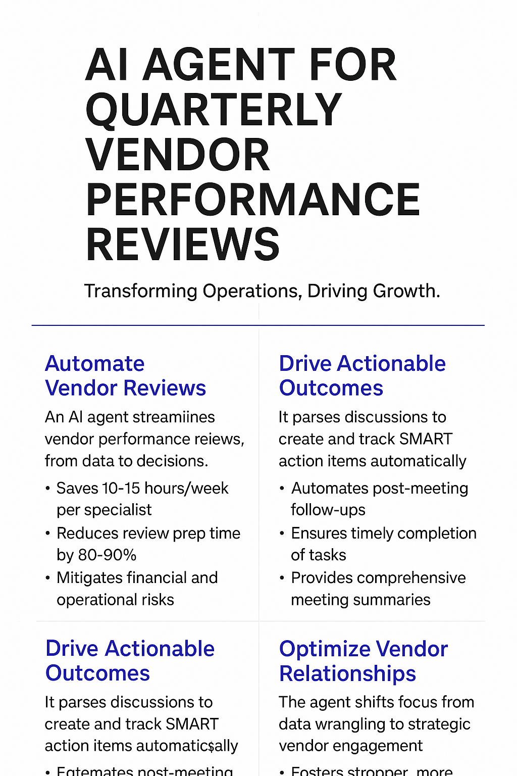 AI Agent for Quarterly Vendor Performance Reviews infographic highlighting automated vendor reviews, actionable outcomes, and optimized vendor relationships for procurement specialists