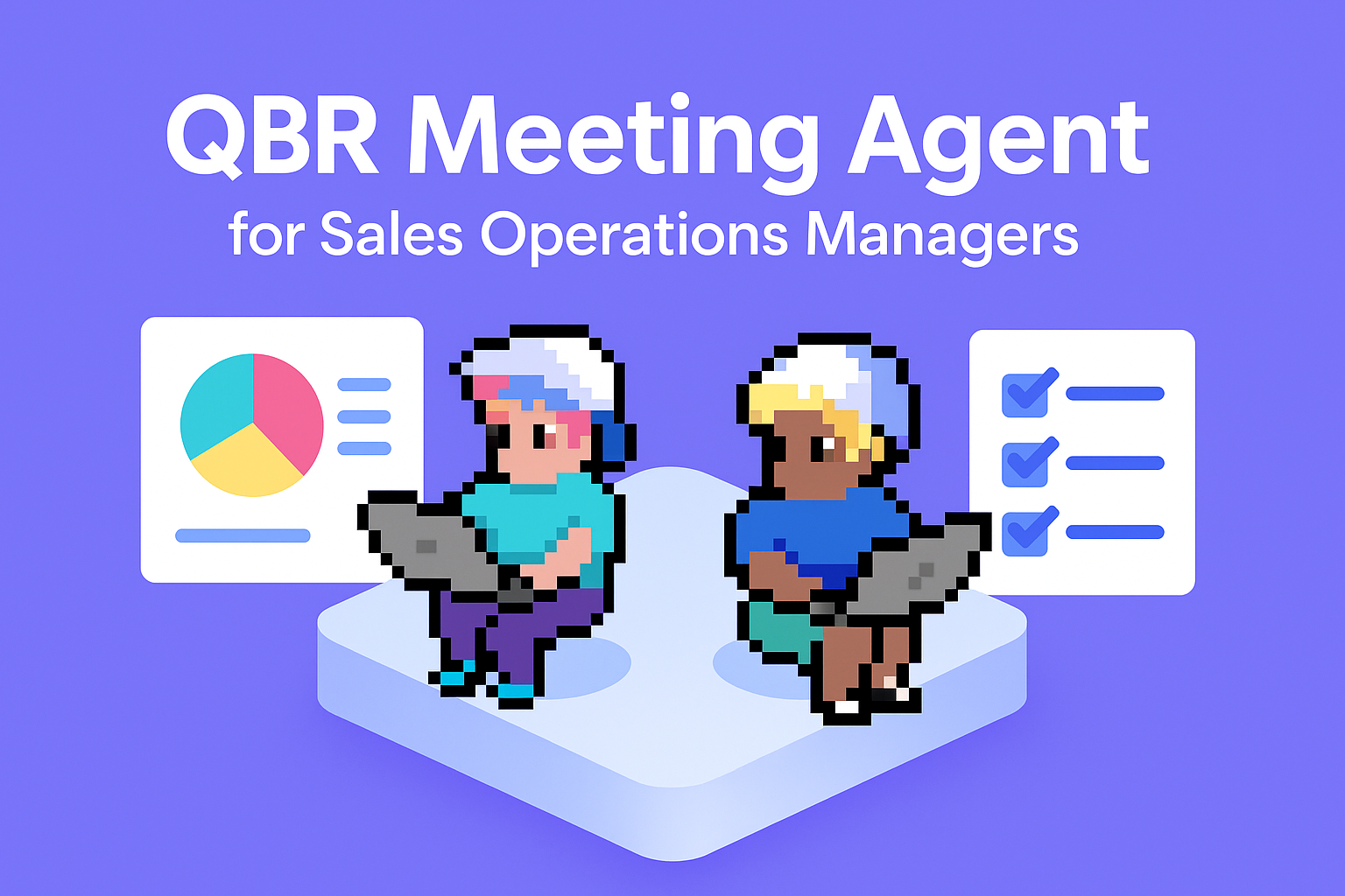 QBR Meeting Agent for Sales Operations Managers - AI-powered quarterly business review automation with two professionals using laptops, pie chart analytics, and task checklist