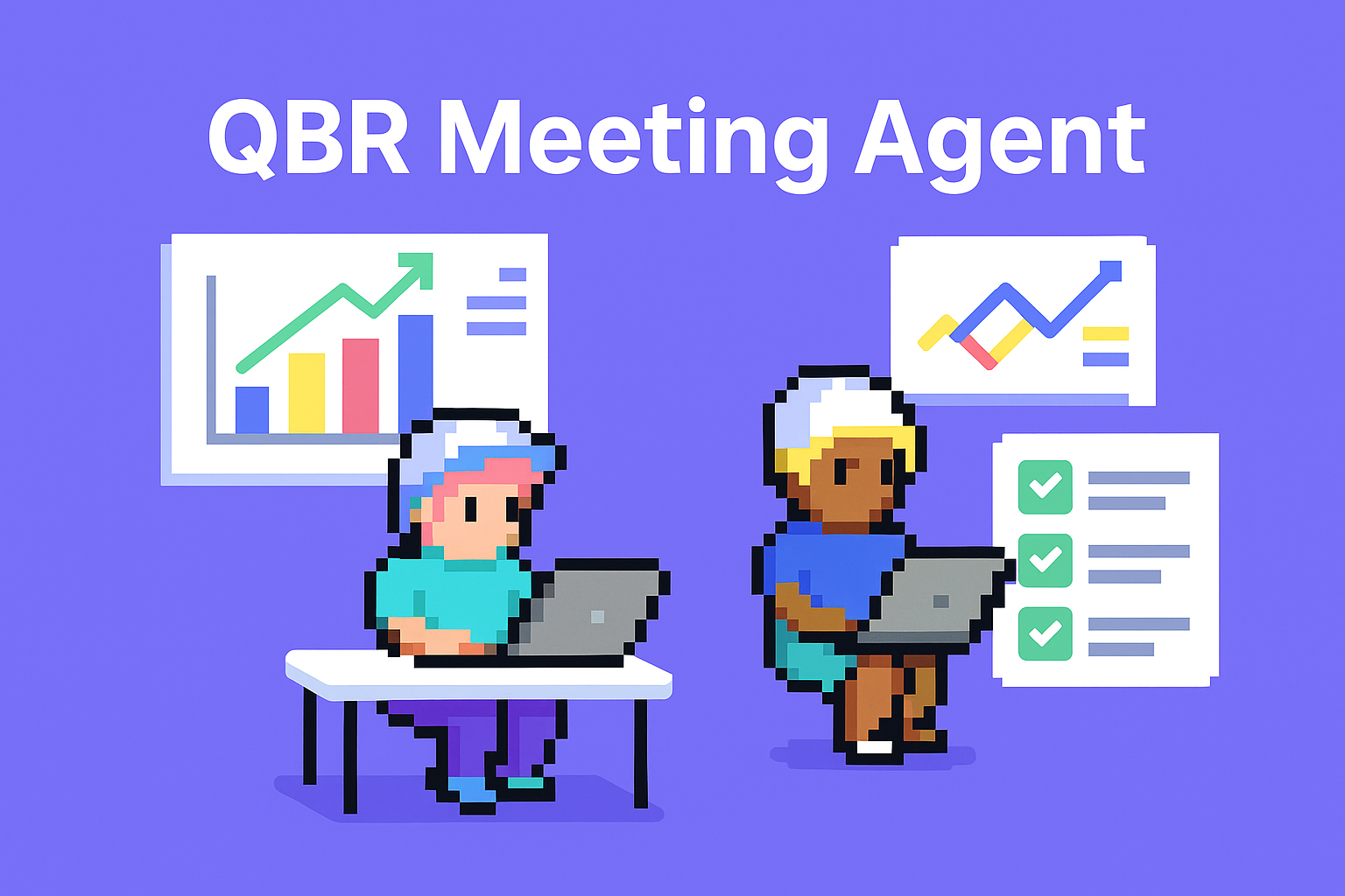 QBR Meeting Agent - AI-powered quarterly business review automation showing Key Account Managers with data analysis charts and presentation tools