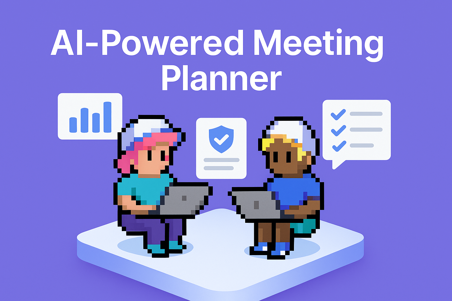 AI-Powered Meeting Planner for QBR meetings showing two professionals using laptops with data analytics, compliance shield, and checklist icons for quarterly business reviews