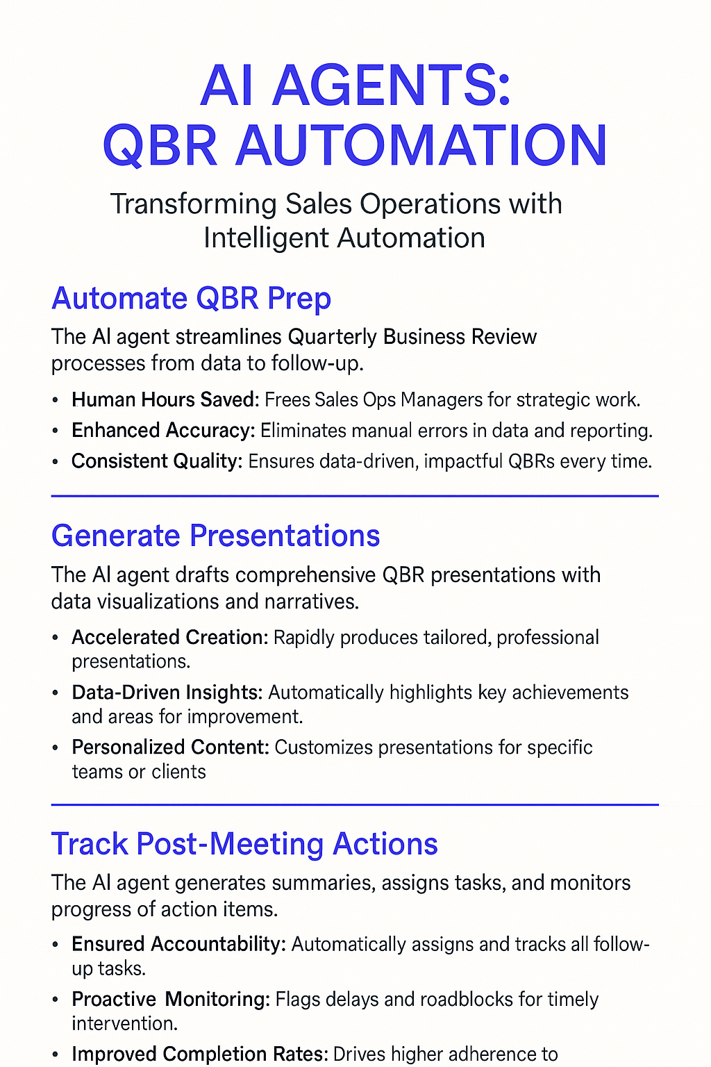 AI Agents QBR Automation infographic showing how to transform sales operations with intelligent automation - automate QBR prep to save human hours, generate presentations with data-driven insights, and track post-meeting actions