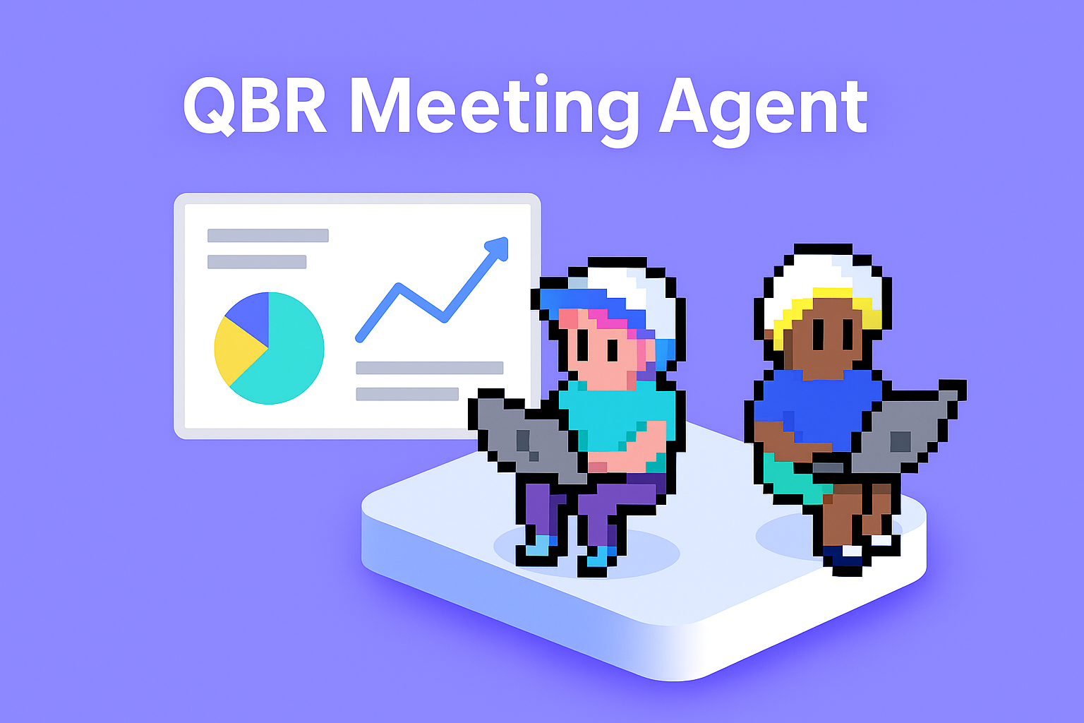 QBR Meeting Agent - Two professionals using laptops with quarterly business review presentation displaying pie charts and performance analytics