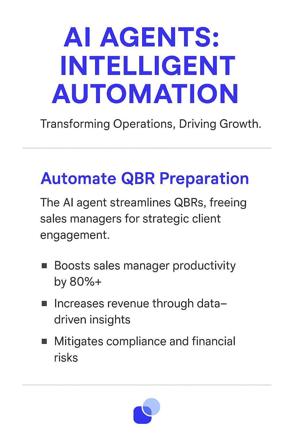 AI Agents Intelligent Automation infographic for QBR preparation showing 80%+ productivity boost, increased revenue through data-driven insights, and compliance risk mitigation for quarterly business reviews