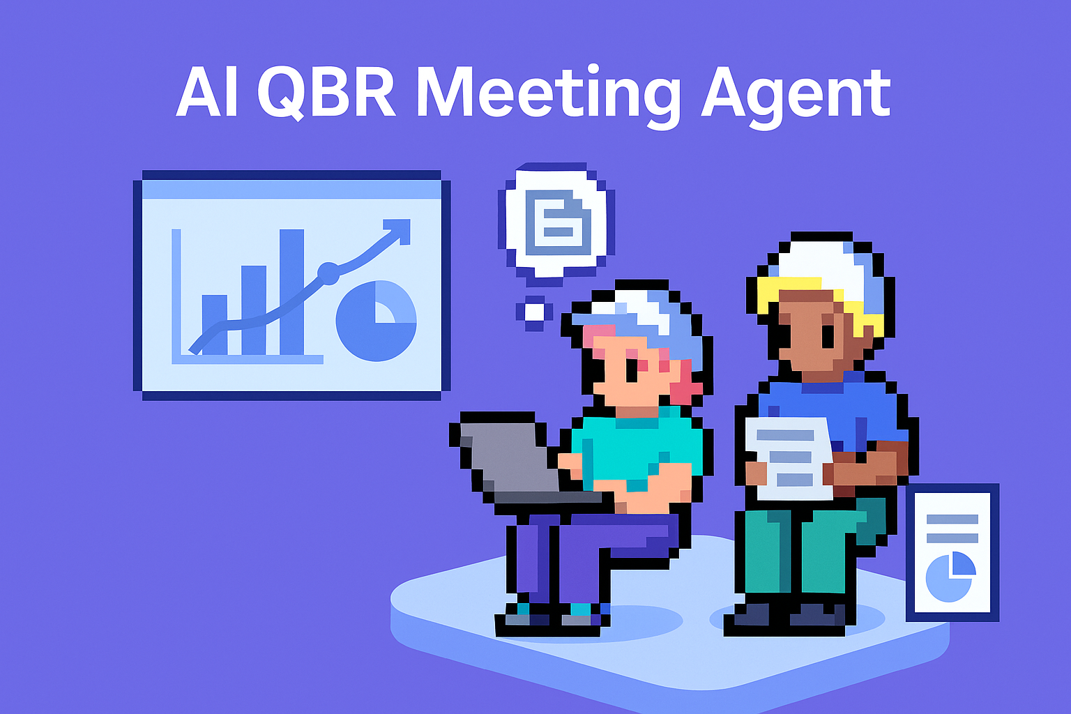 AI QBR Meeting Agent - Two professionals conducting quarterly business reviews with automated data analysis charts and KPI dashboards for key account management