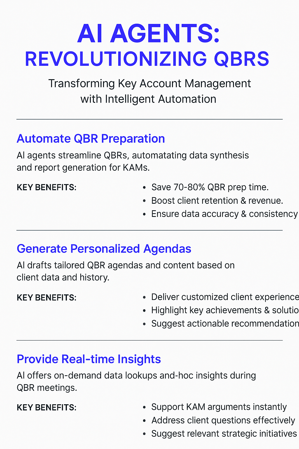 AI Agents Revolutionizing QBRs infographic showing quarterly business review automation benefits - 70-80% time savings, personalized agendas, and real-time insights for Key Account Managers