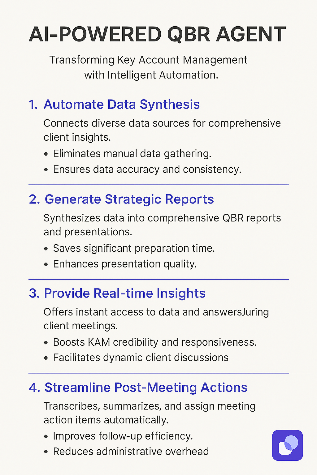 AI-Powered QBR Agent infographic for Key Account Managers - quarterly business review automation workflow showing data synthesis, strategic reports, real-time insights, and post-meeting actions