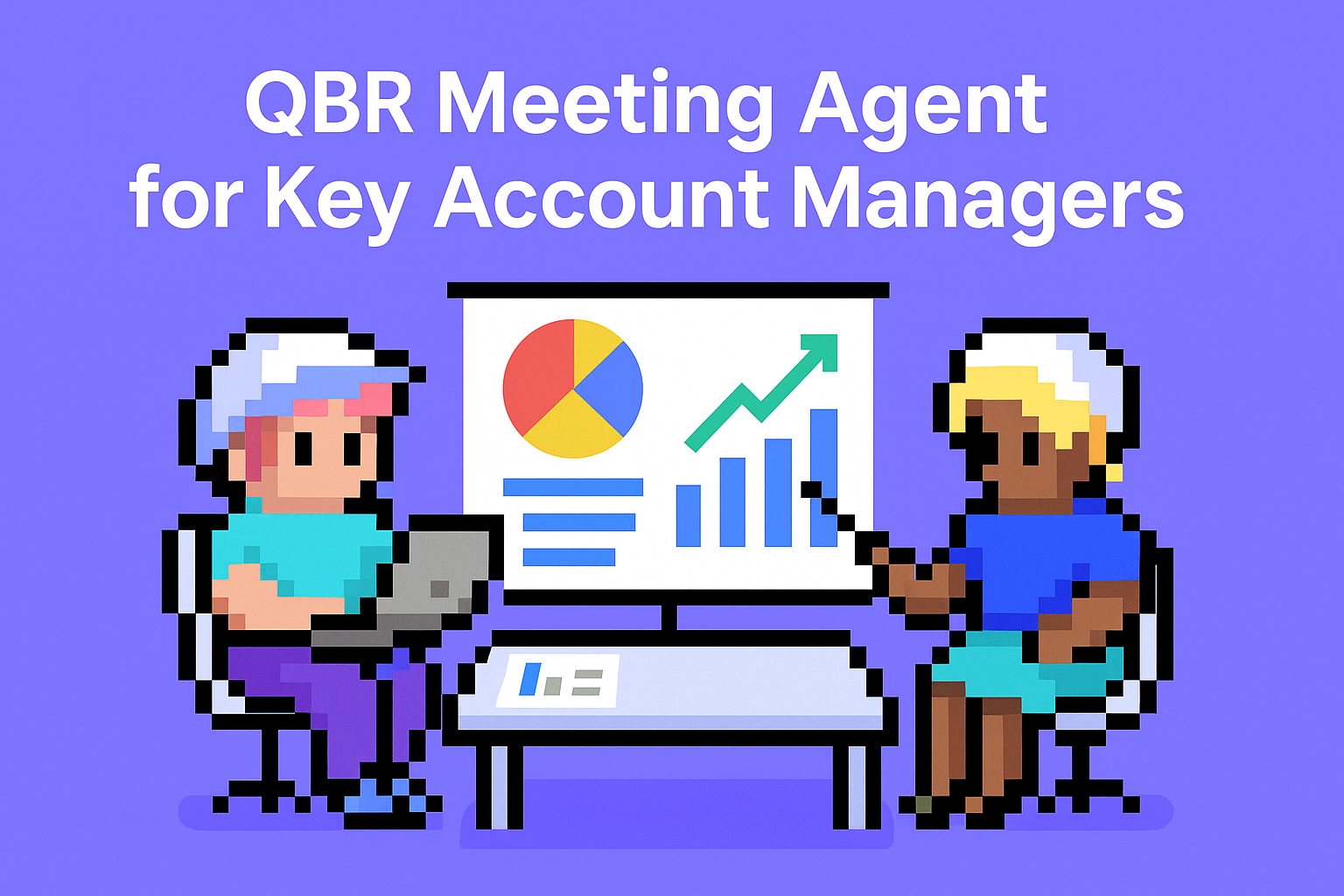 QBR Meeting Agent for Key Account Managers - pixel art illustration showing two professionals analyzing performance data with pie charts and upward trending graphs during quarterly business review