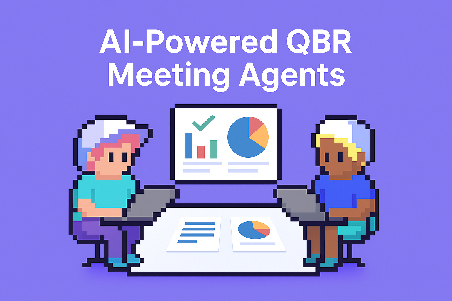 AI-Powered QBR Meeting Agents - two professionals using AI technology for quarterly business review preparation with data visualization charts