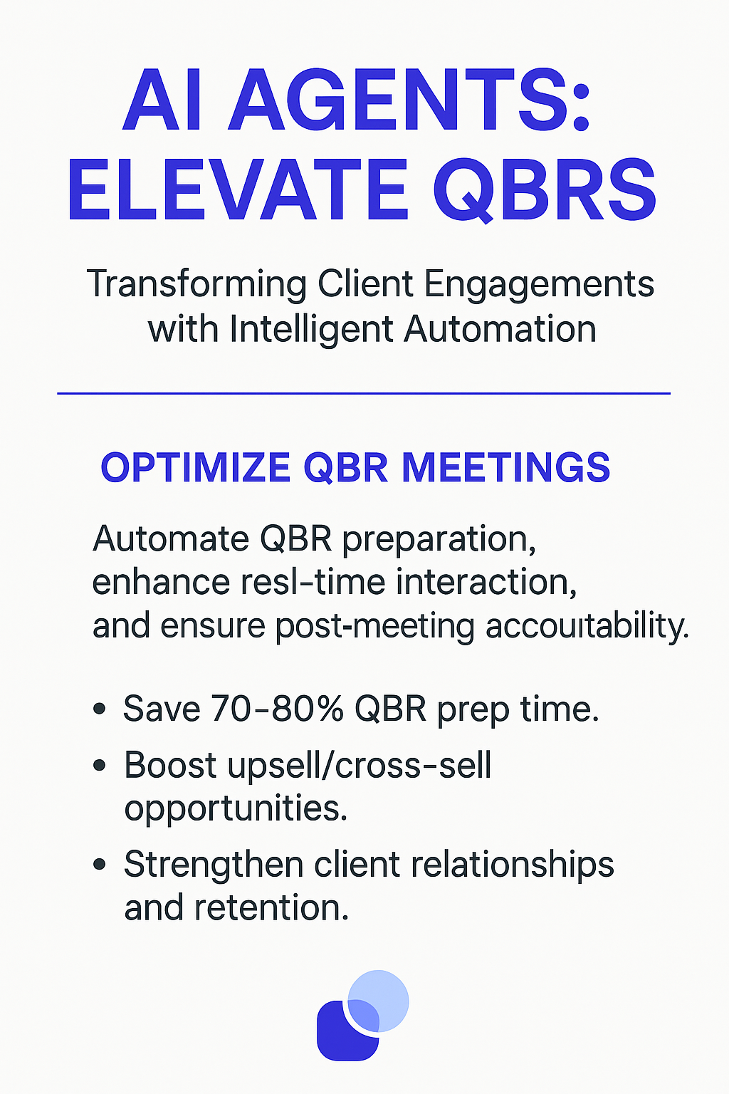 AI Agents Elevate QBRs infographic - optimize QBR meetings, save 70-80% prep time, boost upsell opportunities for quarterly business reviews