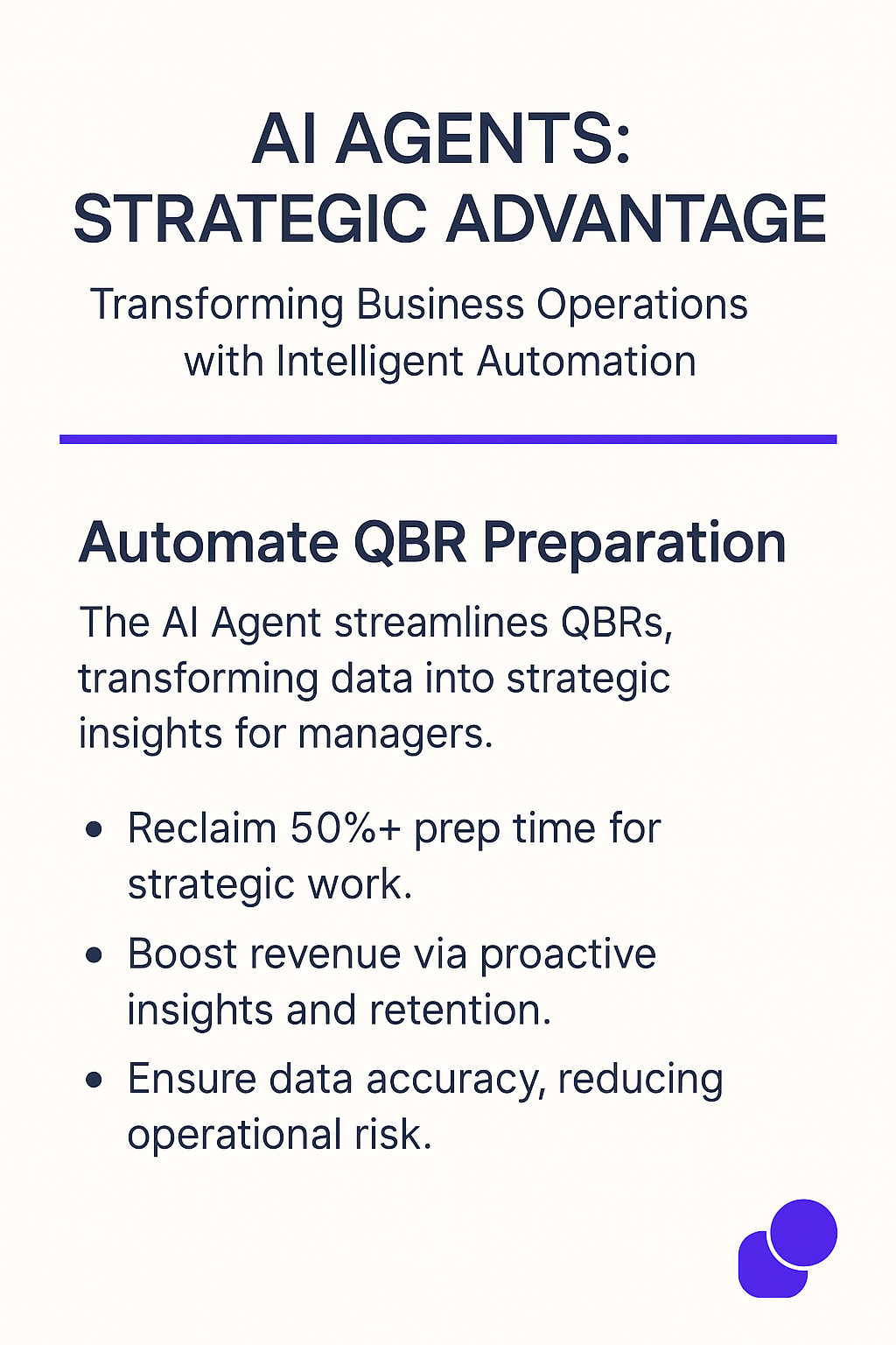 AI Agents Strategic Advantage infographic for QBR meeting automation - transforming business operations with intelligent automation to reclaim 50%+ prep time and boost revenue through proactive insights