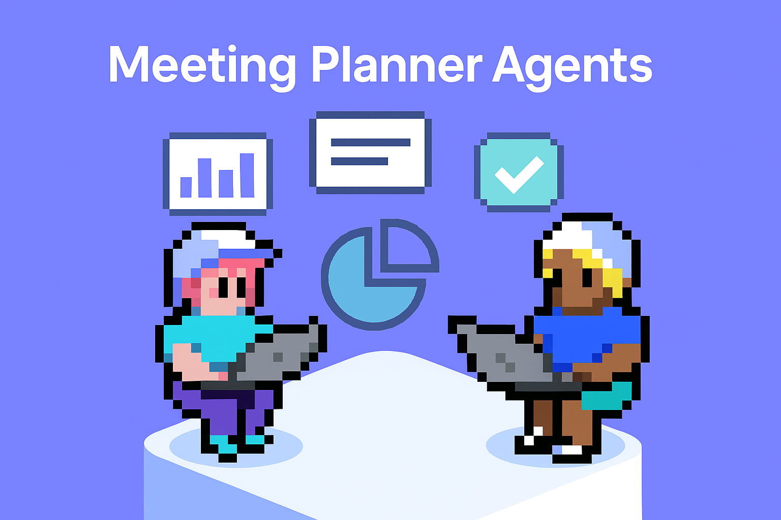 Meeting Planner Agents for quarterly business reviews - AI-powered software showing two professionals using laptops with business analytics icons including bar graphs, documents, checkmarks, and pie charts