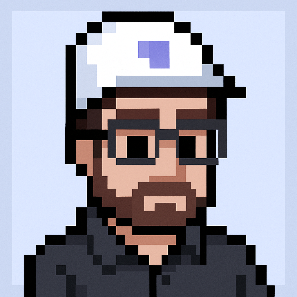 Operations Technology Manager AI agent avatar for incident response post mortem meetings - pixel art character with beard, glasses and cap
