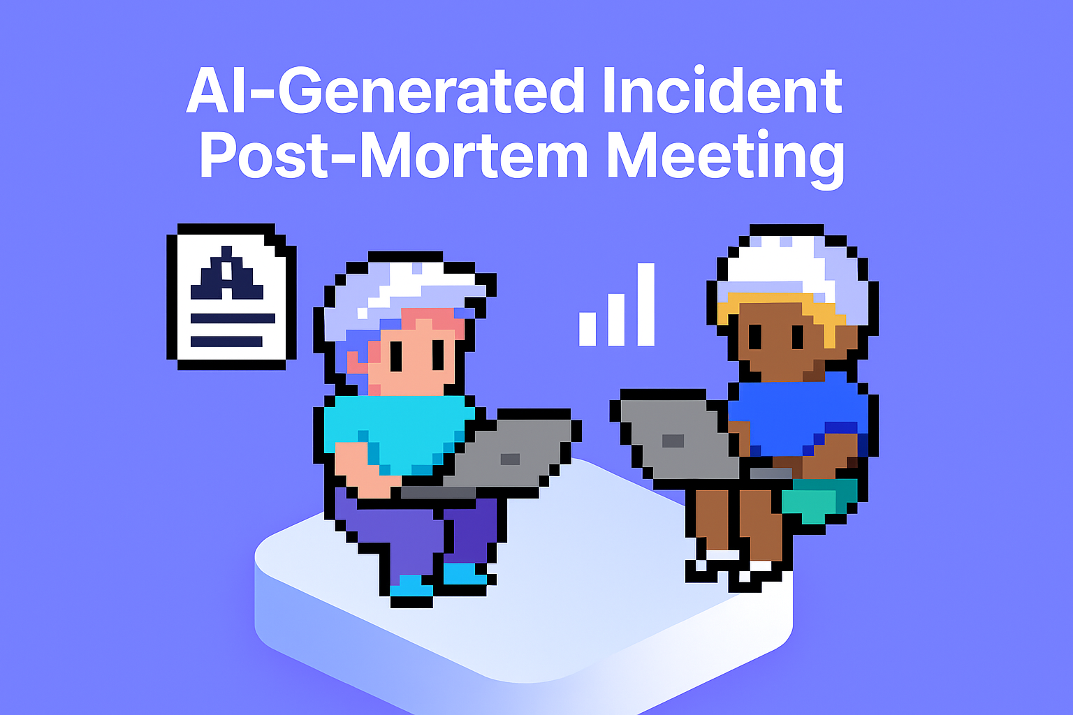 AI-Generated Incident Post-Mortem Meeting - two Operations Technology Managers using laptops for automated incident analysis and post mortem report generation