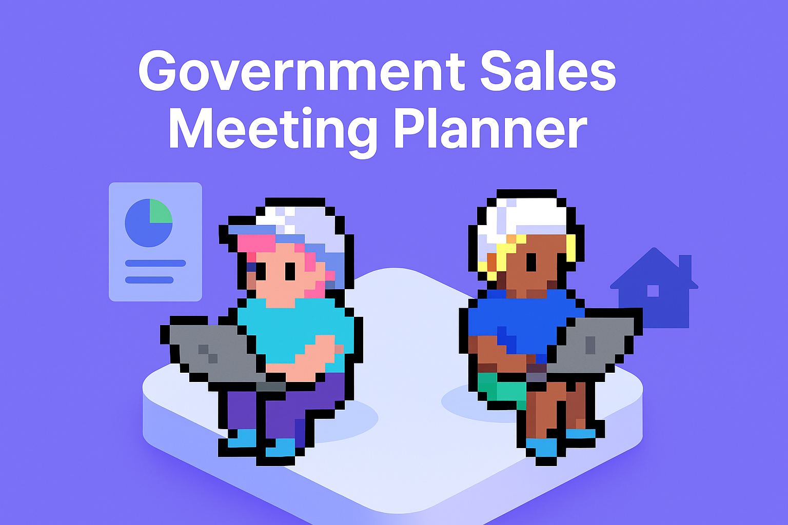 Government Sales Meeting Planner - AI agents helping sales managers with opportunity discovery meetings, featuring two professionals with laptops and data analytics