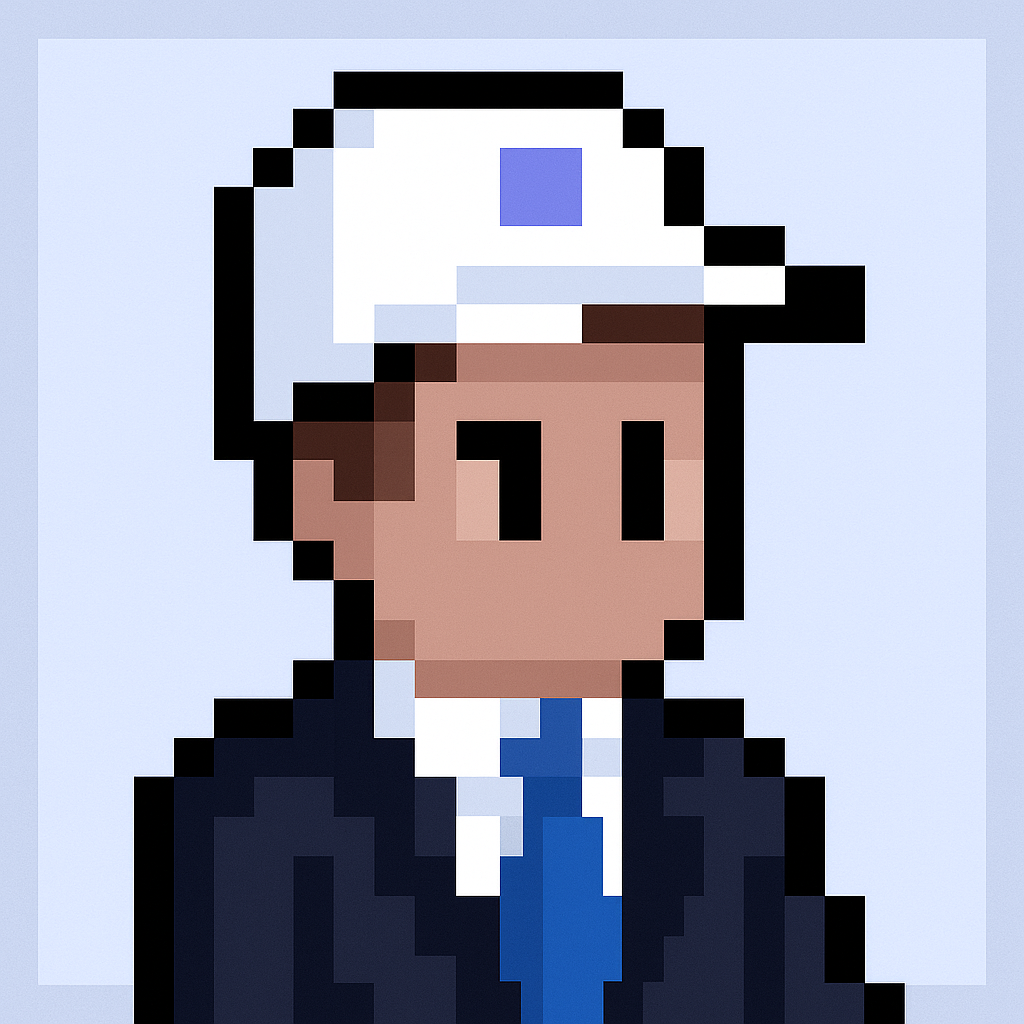 Professional pixel art avatar of executive stakeholder alignment meeting agent for customer advocacy managers wearing business suit and cap