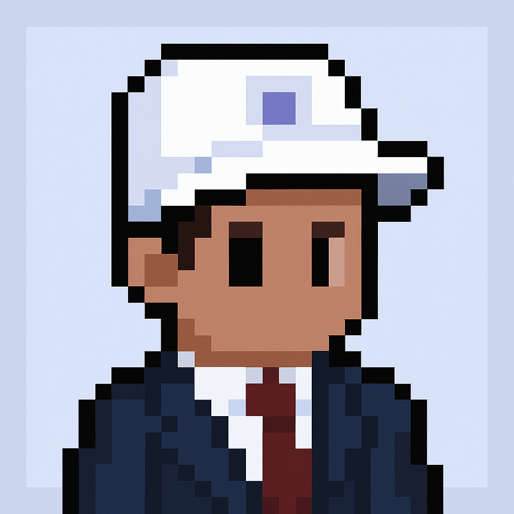 Executive stakeholder check-in AI agent avatar in pixel art style wearing business suit and cap for key account managers