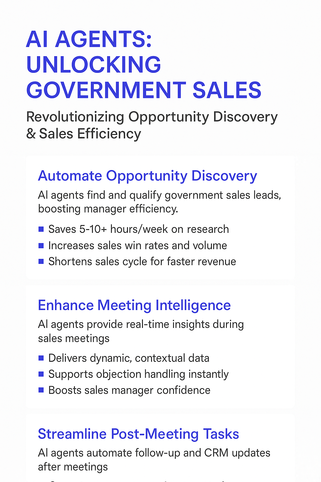 AI Agents Unlocking Government Sales infographic - revolutionizing opportunity discovery and sales efficiency with automated research, meeting intelligence, and CRM integration