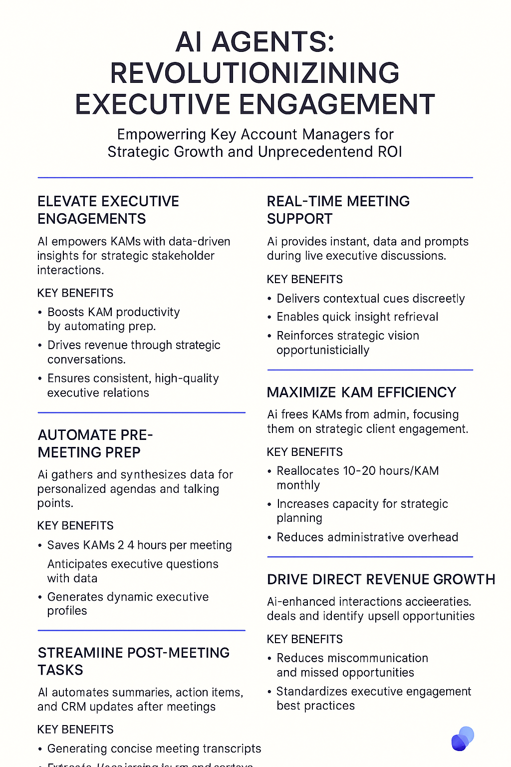 AI Agents Revolutionizing Executive Engagement infographic for key account managers showing automated pre-meeting prep, real-time meeting support, streamlined post-meeting tasks, and direct revenue growth benefits for executive stakeholders