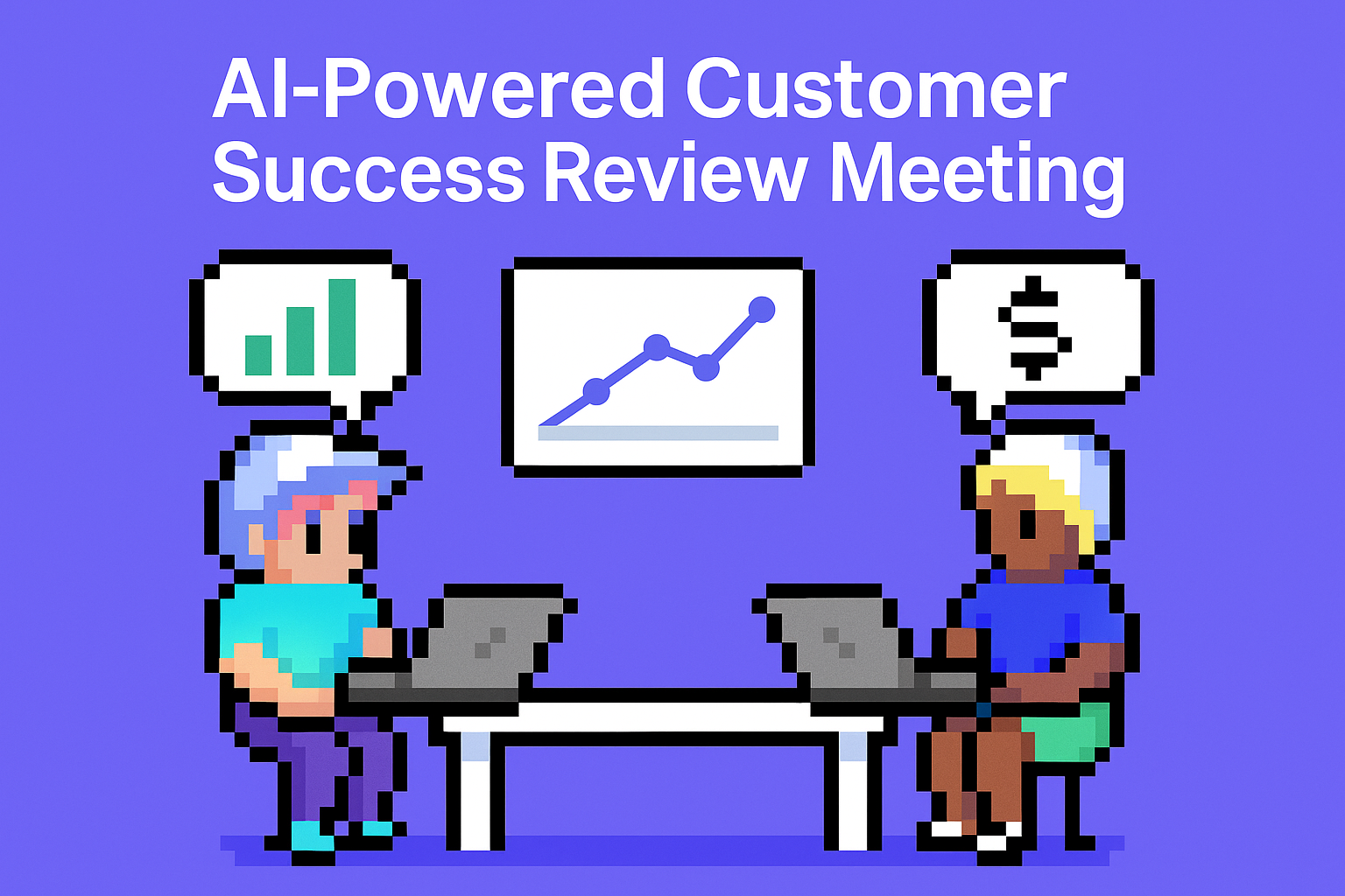 AI-Powered Customer Success Review Meeting - two key account managers using AI agents for quarterly business reviews with data analytics and revenue insights