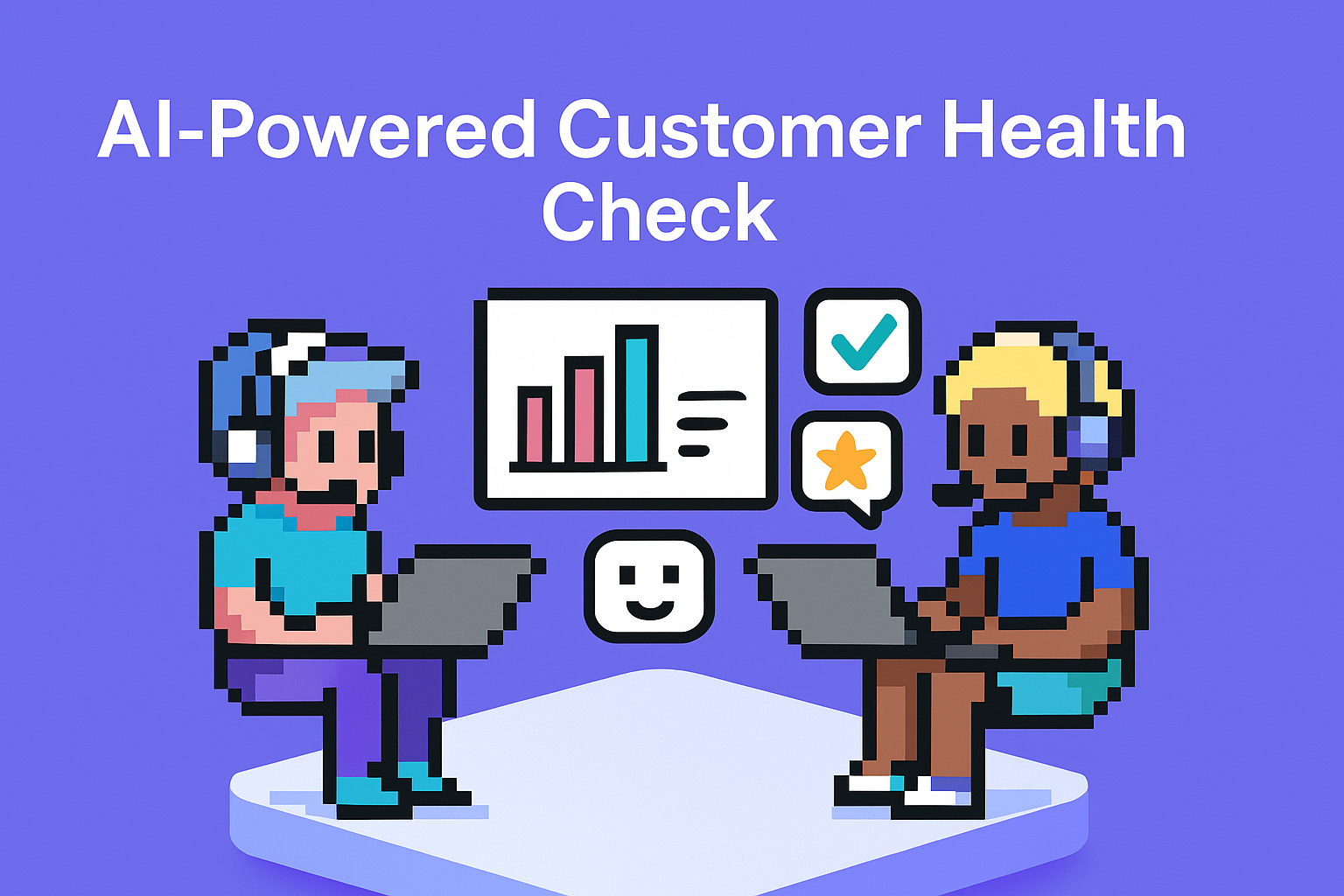 AI-Powered Customer Health Check - two key account managers collaborating with AI agents using laptops and data analytics dashboard