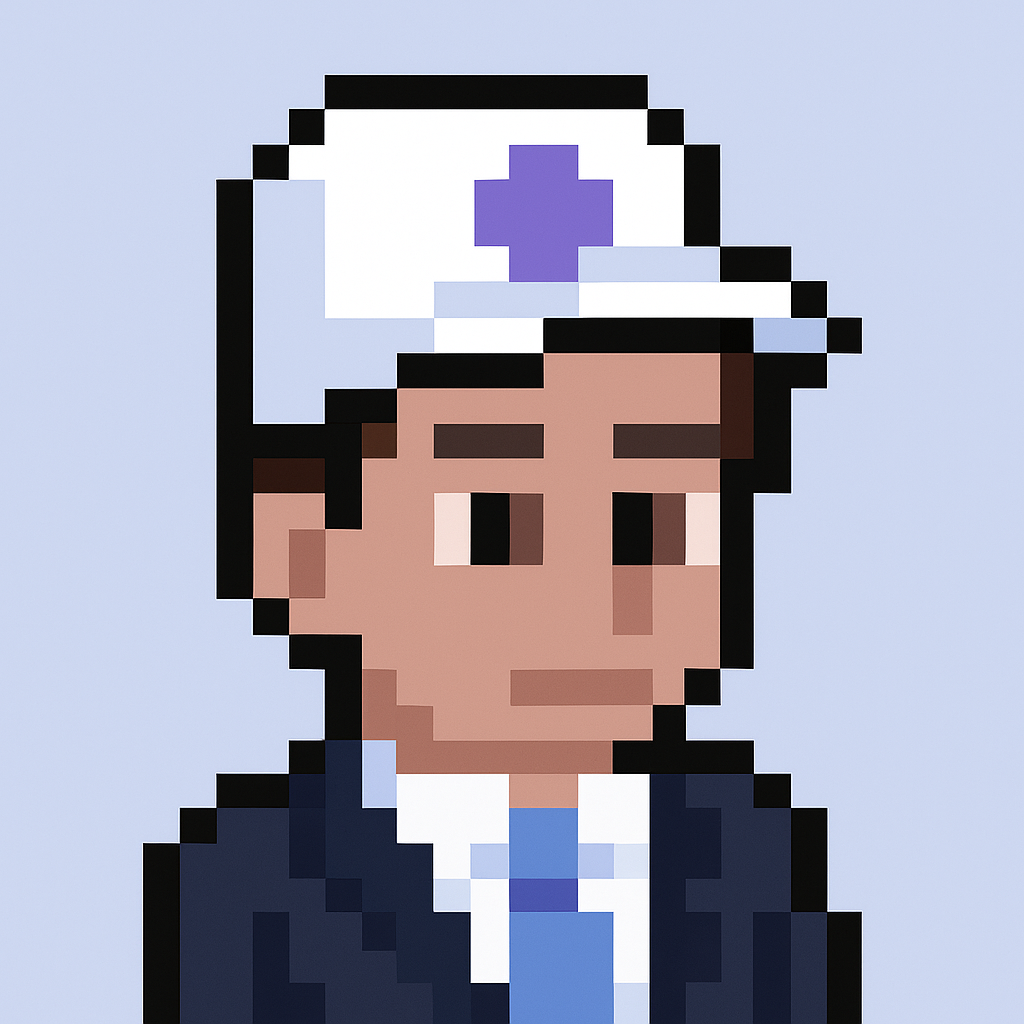 Cross-functional quality review meeting agent avatar - pixel art character with medical cap representing AI-powered quality assurance management