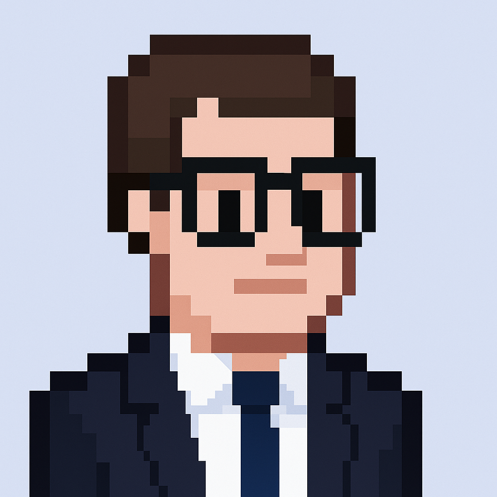 Professional pixel art avatar of key account manager with glasses and business suit for cross-functional stakeholder alignment agent