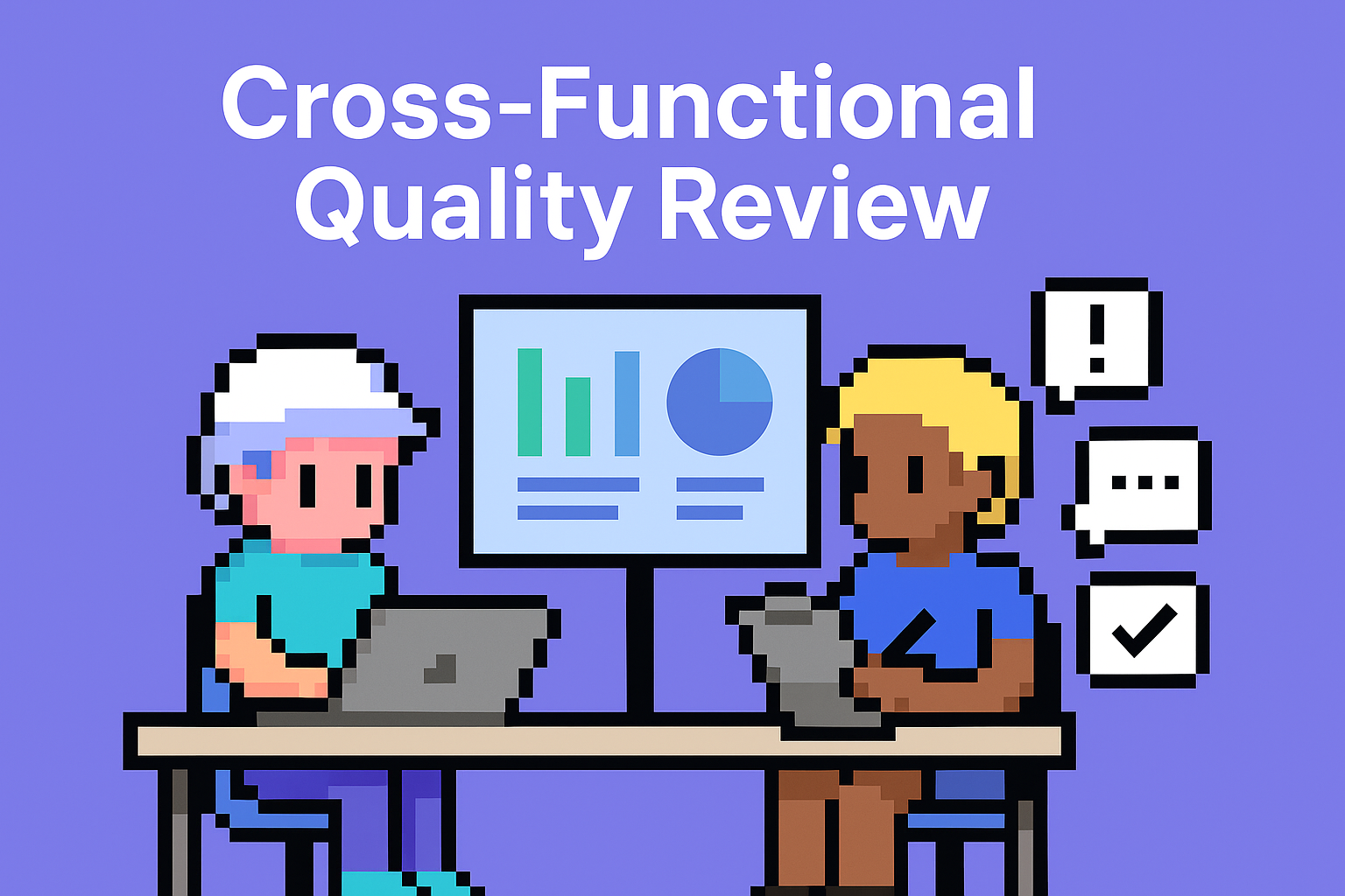 Cross-Functional Quality Review - pixel art illustration of cross functional team collaboration with AI agents analyzing quality metrics and data charts
