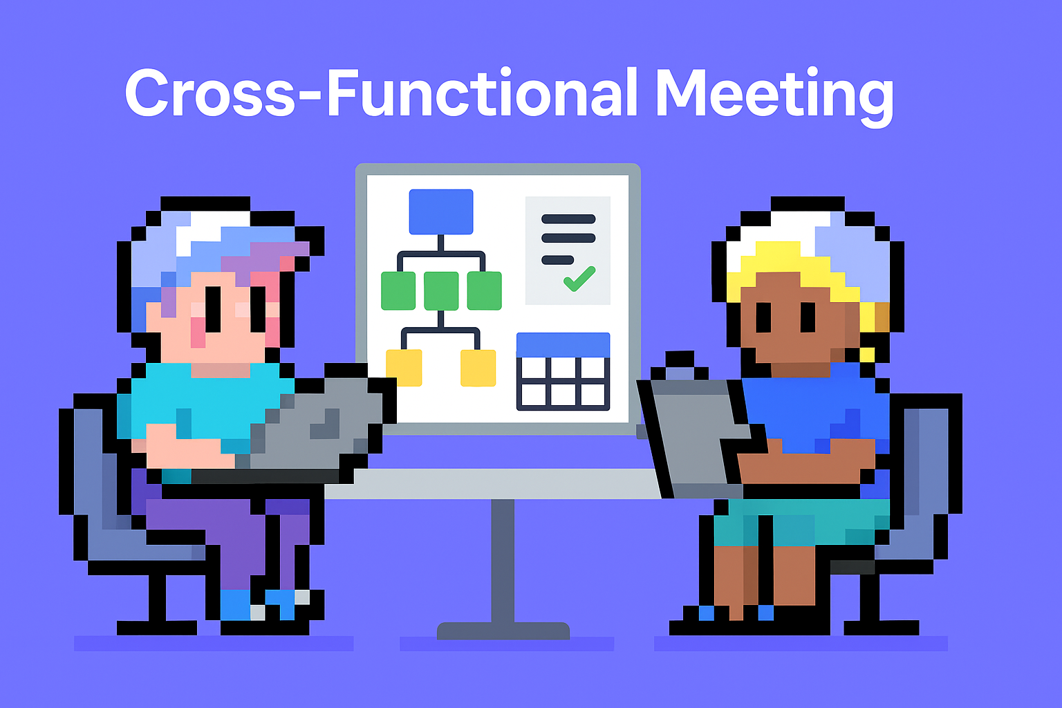 Cross-functional meeting illustration showing two professionals collaborating with laptops and digital flowchart for stakeholder alignment