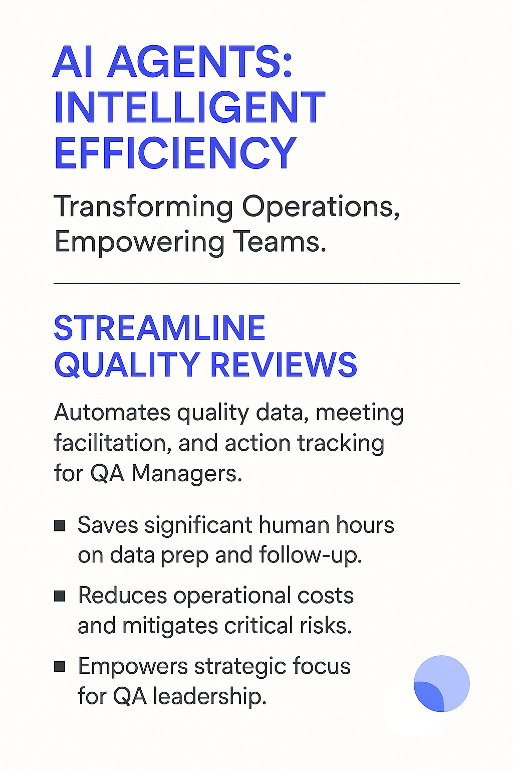 AI Agents Intelligent Efficiency infographic - Streamline Quality Reviews automation benefits for QA Managers including cost reduction, risk mitigation, and strategic focus empowerment