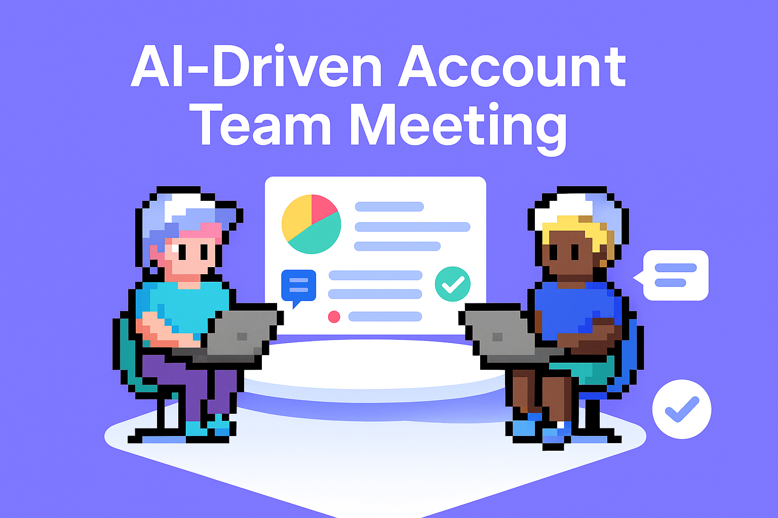 AI-Driven Account Team Meeting - two professionals collaborating at meeting table with presentation screen showing cross-functional team data and analytics