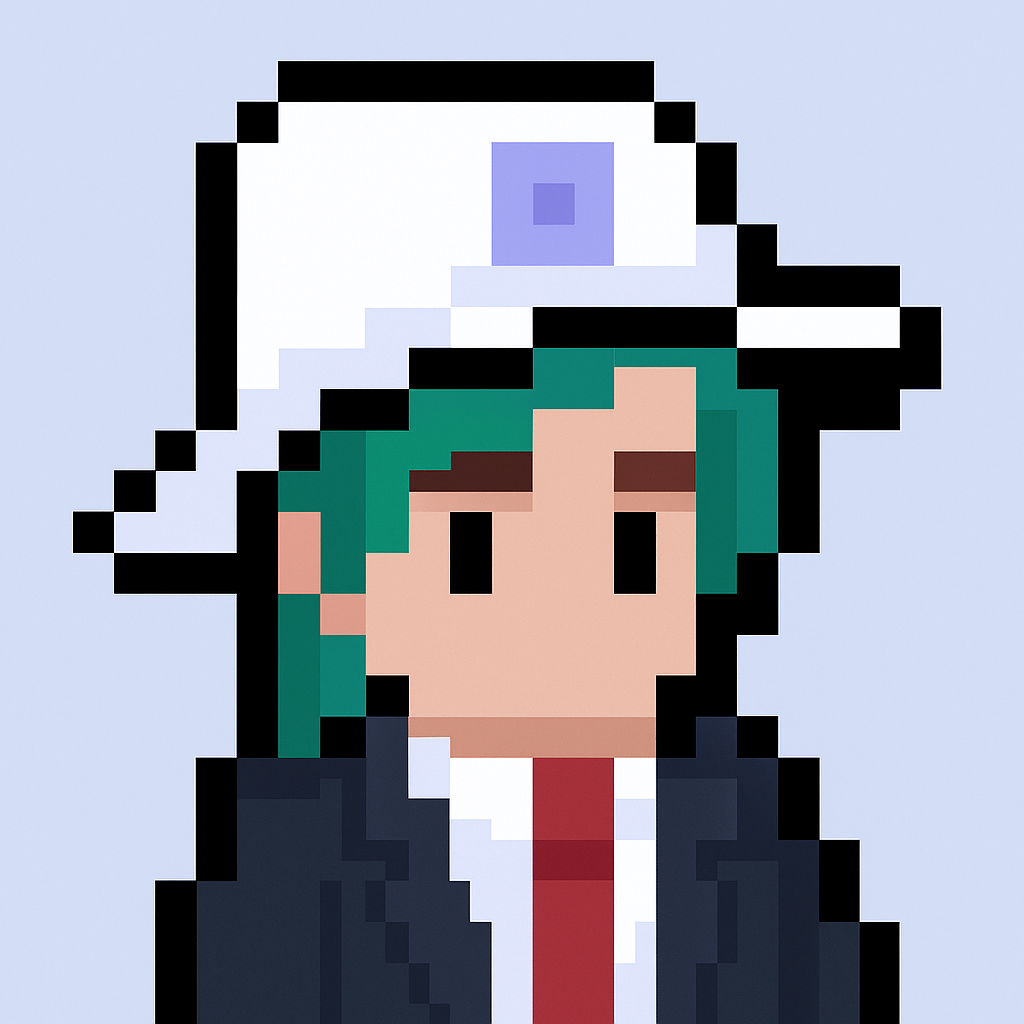 Cross-functional account team meeting agent avatar - pixel art character with green hair and white hat representing AI-powered meeting coordination for channel partner managers