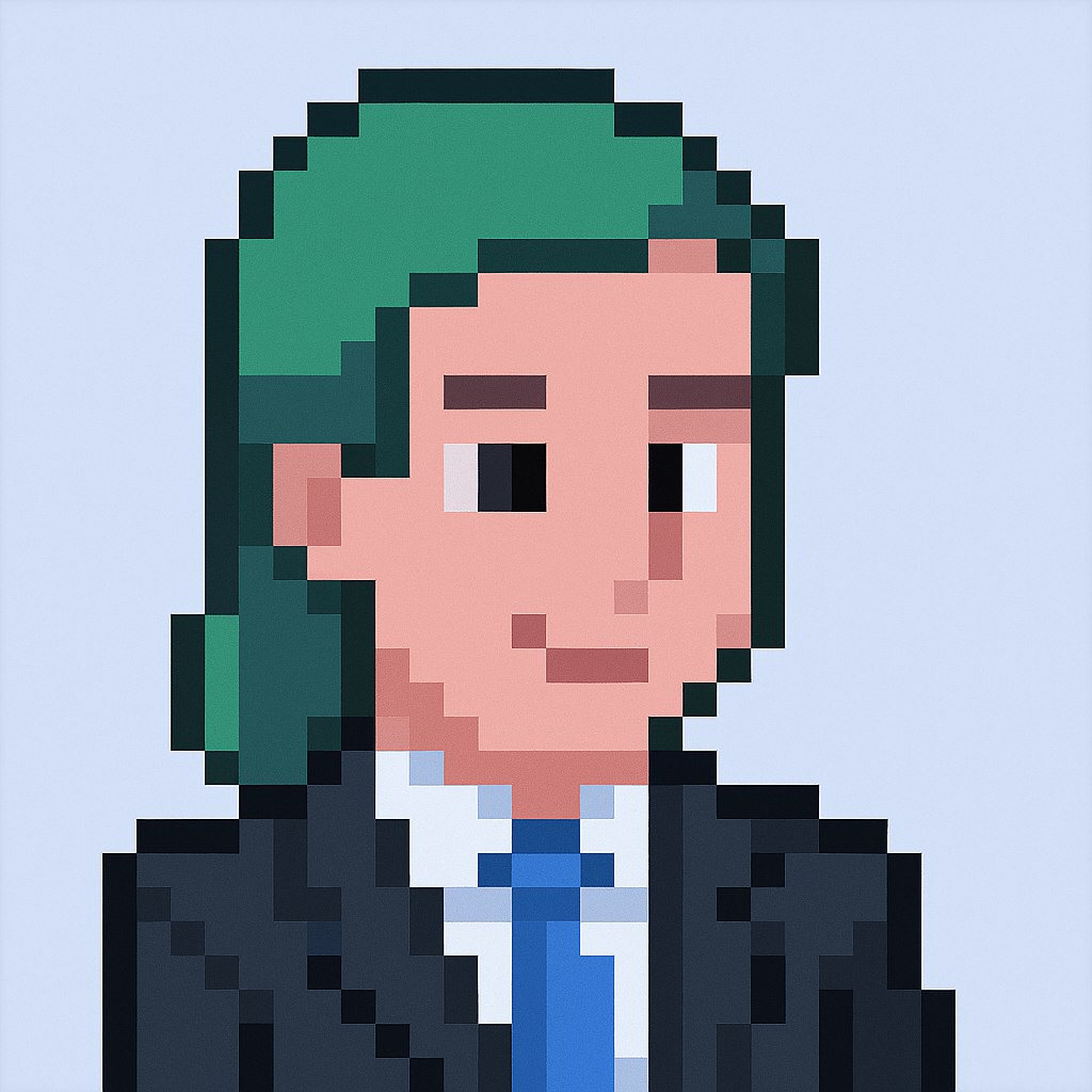 Professional AI agent avatar for cross-functional team meeting coordination - pixel art character with green hair in business suit representing Key Account Manager meeting assistant