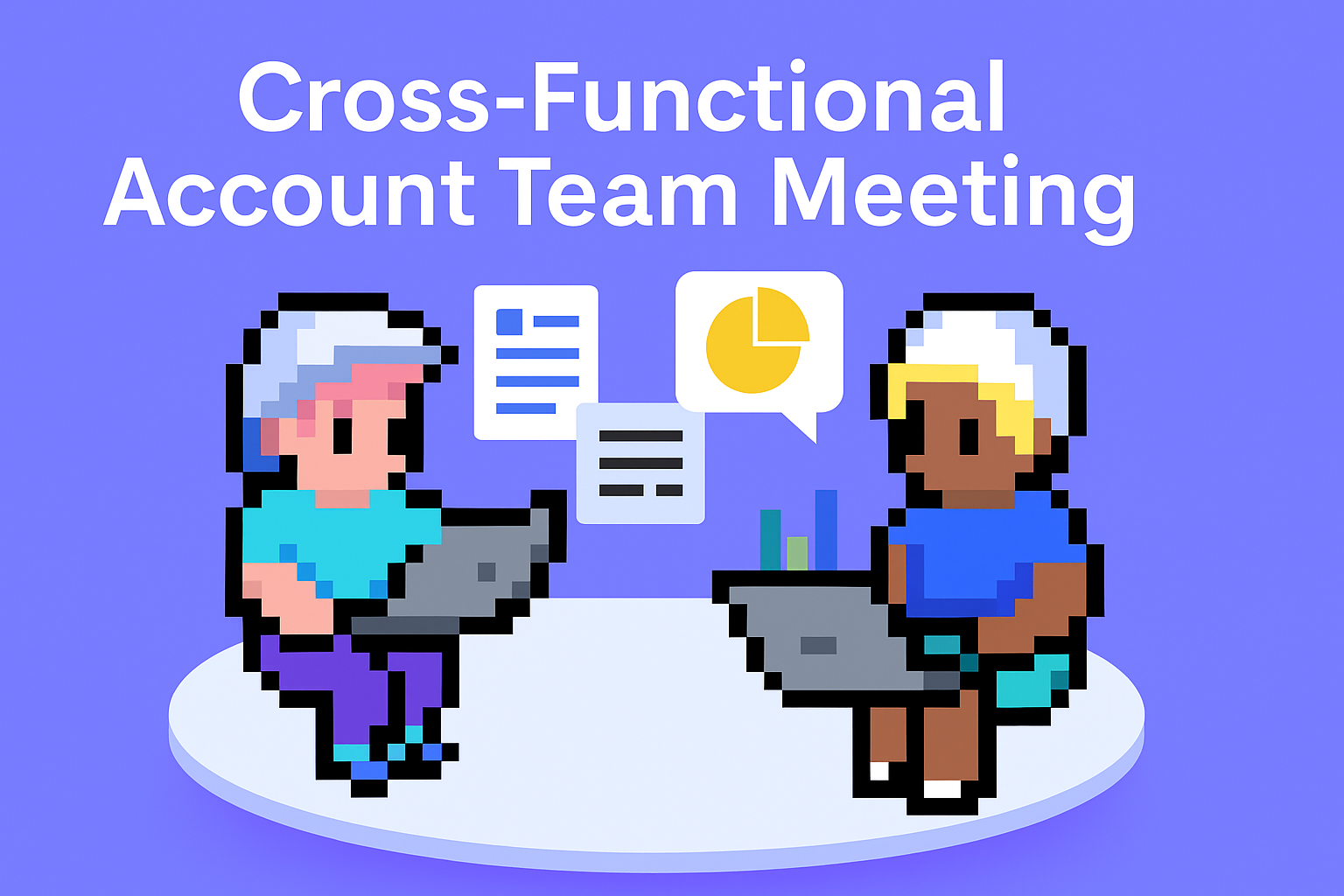 Cross-Functional Account Team Meeting - pixel art illustration showing two professionals collaborating at a round table with laptops, pie charts, and documents representing AI-powered cross-functional team coordination