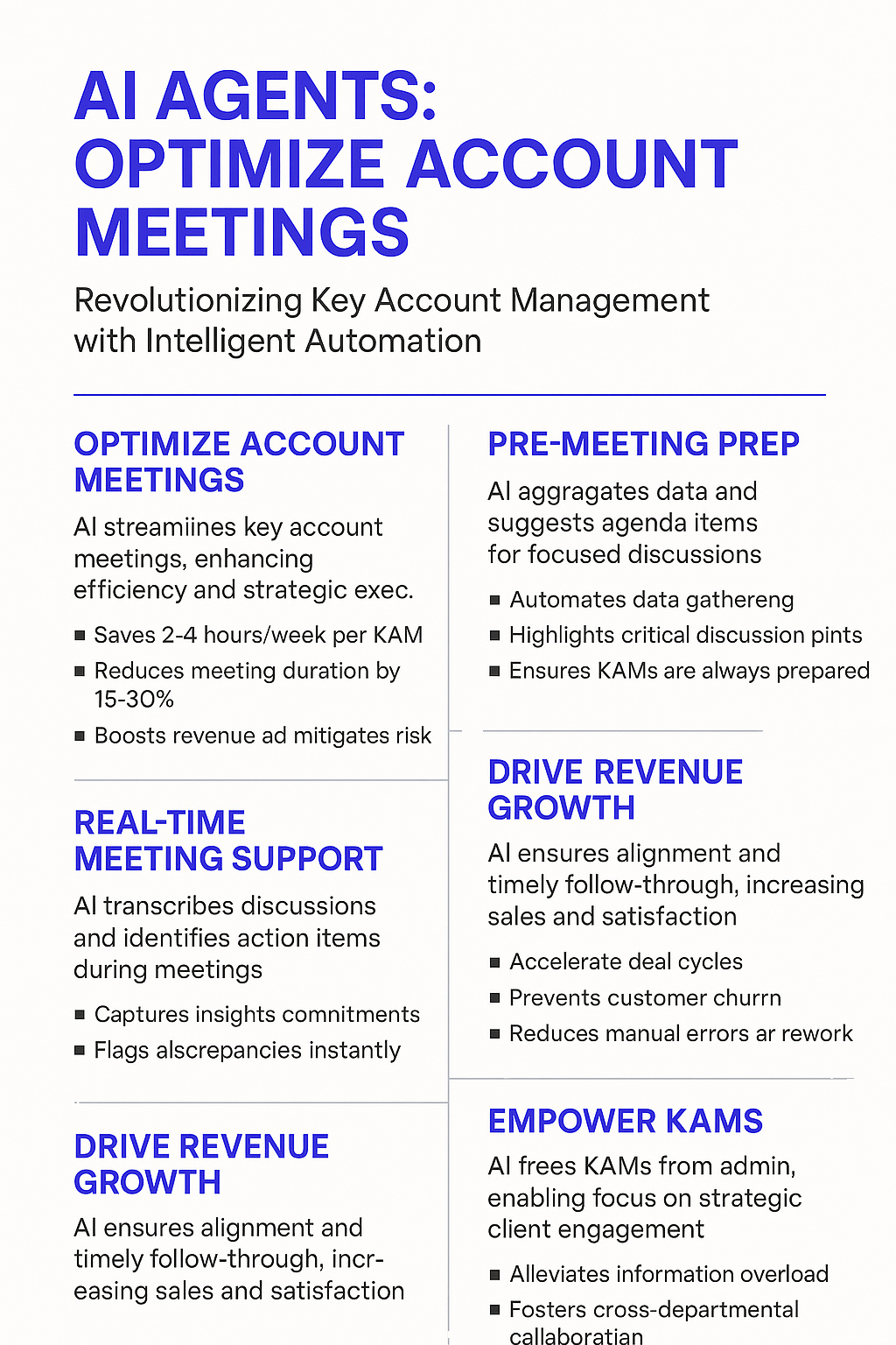 AI Agents Optimize Account Meetings infographic showing key benefits including 2-4 hours saved per week, 15-30% reduced meeting duration, pre-meeting prep automation, real-time meeting support, revenue growth acceleration, and KAM empowerment