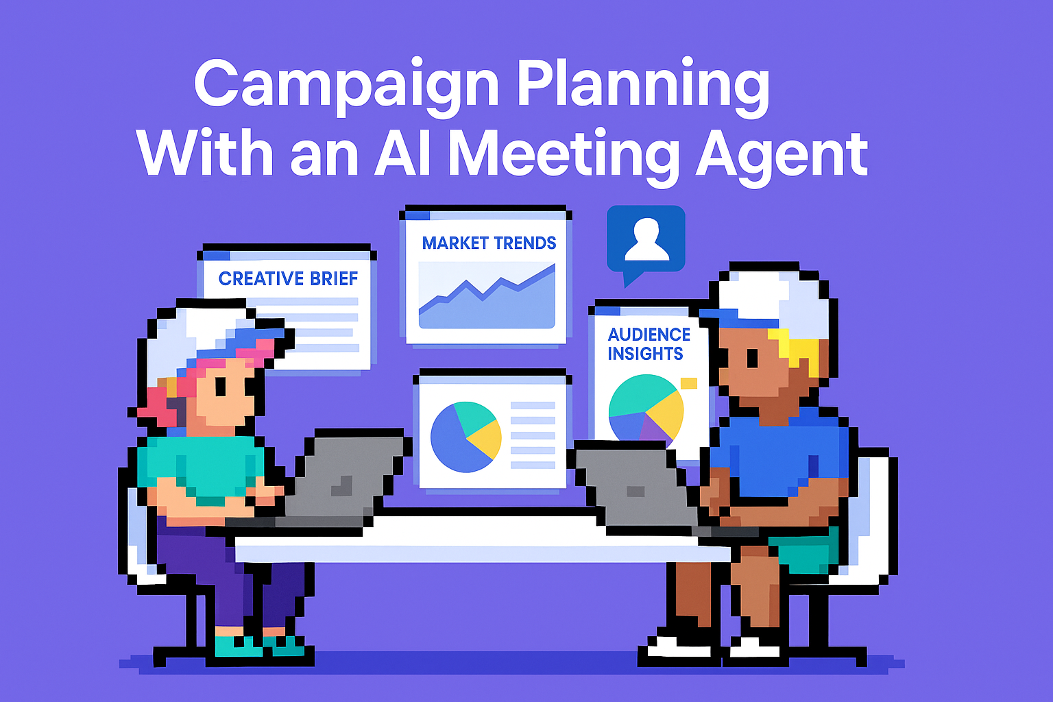 Campaign Planning With an AI Meeting Agent - creative brief template showing two campaign managers collaborating with market trends, audience insights, and creative brief documents