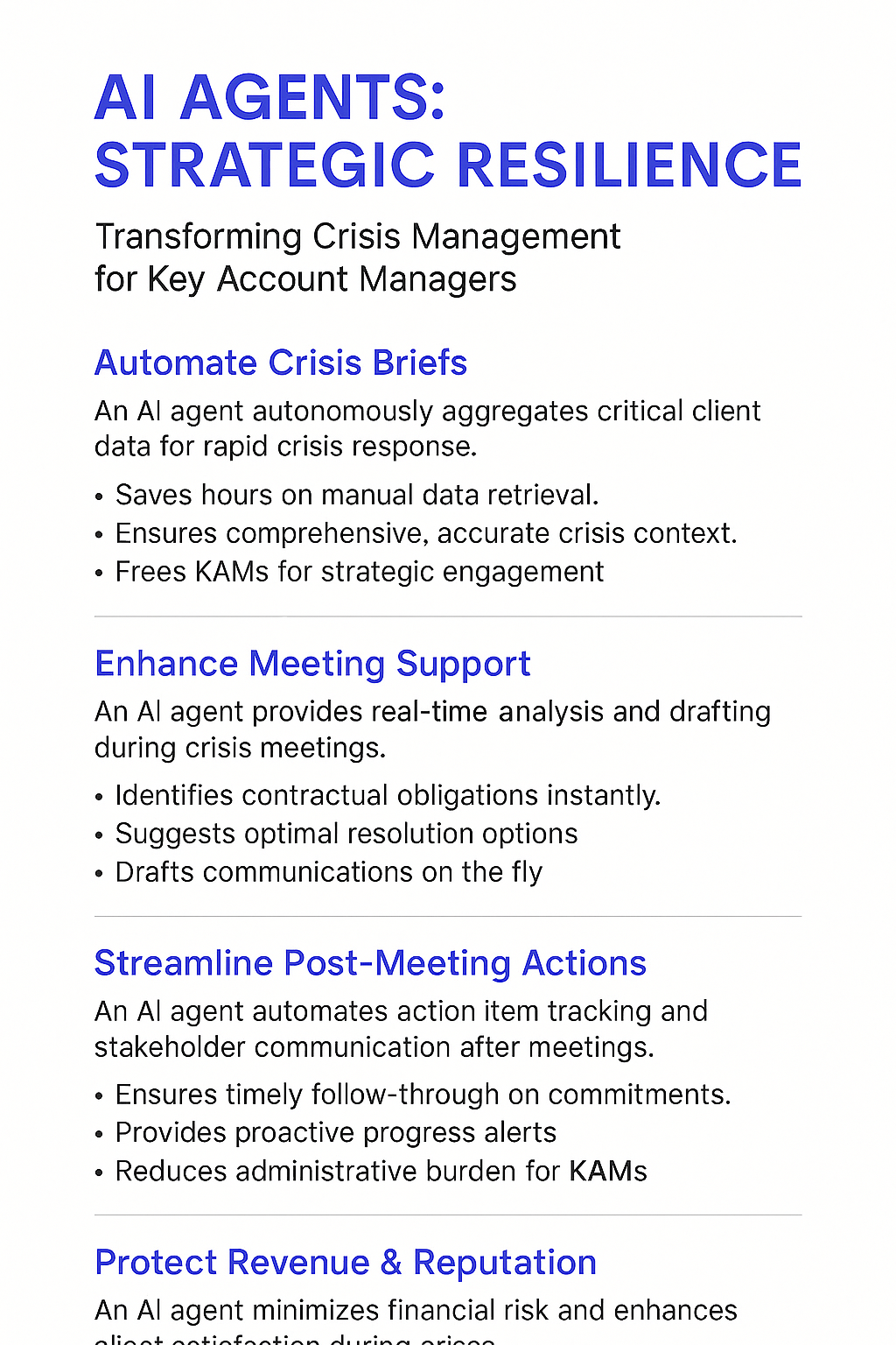 AI Agents Strategic Resilience infographic - Transforming Crisis Management for Key Account Managers with automated crisis briefs, enhanced meeting support, streamlined post-meeting actions, and revenue protection