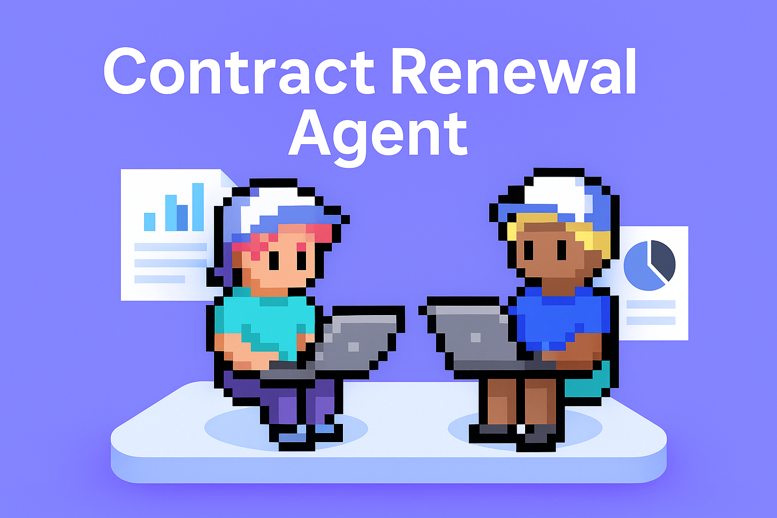 Contract Renewal Agent - Two AI specialists working on laptops with data charts for contract renewal negotiation automation
