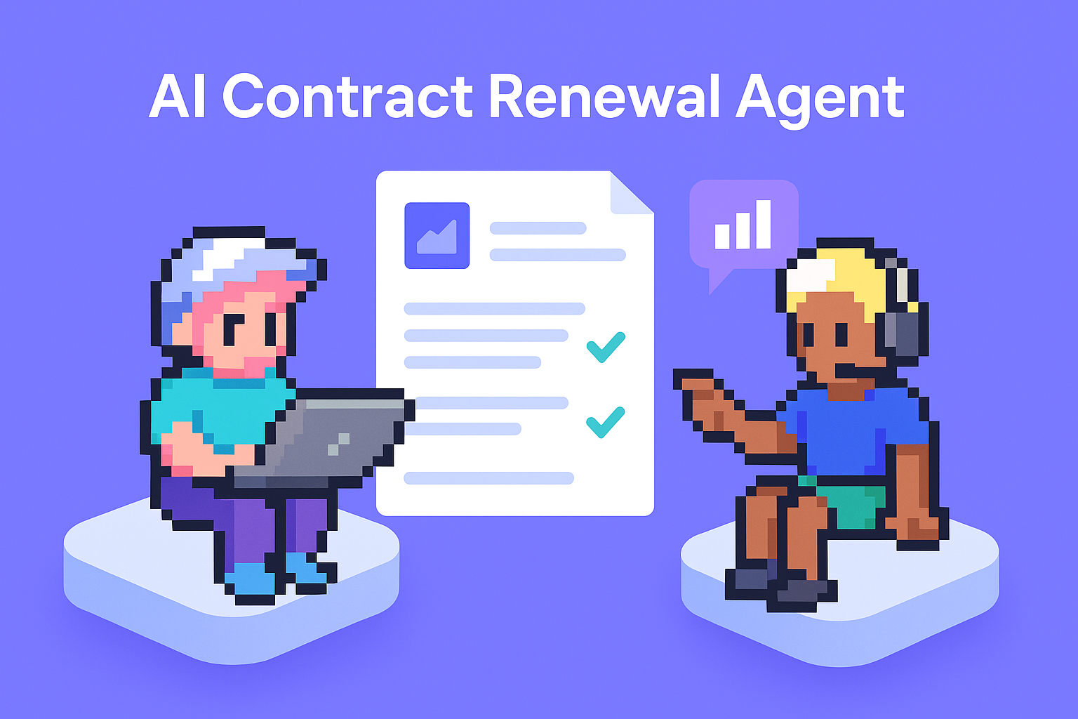 AI Contract Renewal Agent - pixel art illustration showing key account managers using AI technology for automated contract renewal negotiation meetings with data analysis and client communication