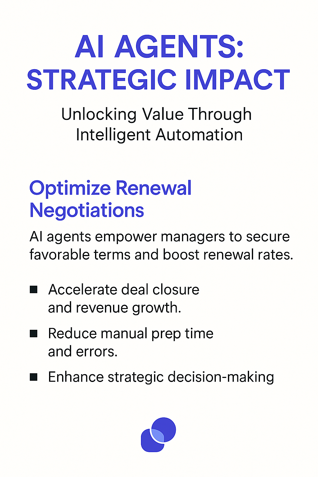 AI Agents Strategic Impact infographic - Optimize Renewal Negotiations showing how to ask for contract renewal with intelligent automation to accelerate deal closure and reduce manual prep time