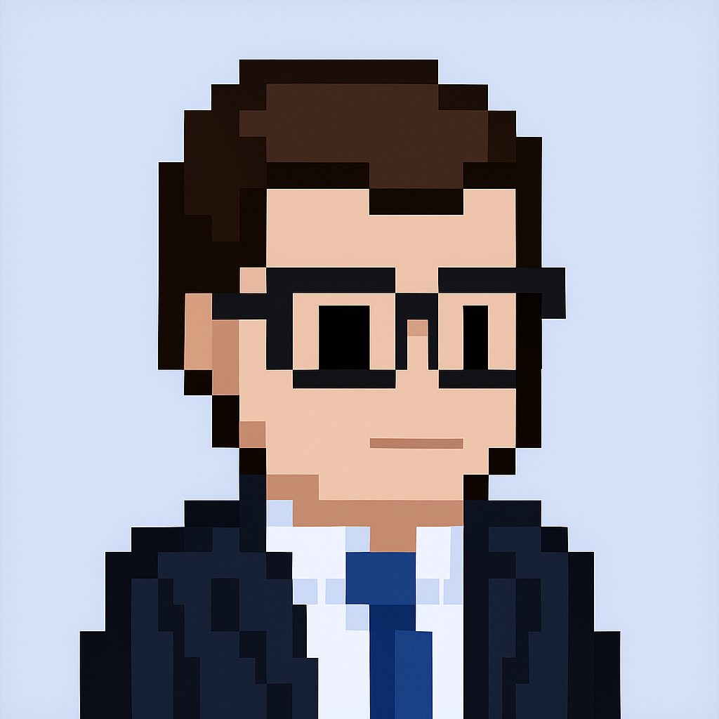 Professional pixel art avatar of contract renewal negotiation agent - key account manager in dark suit with glasses and blue tie for AI-powered contract negotiations