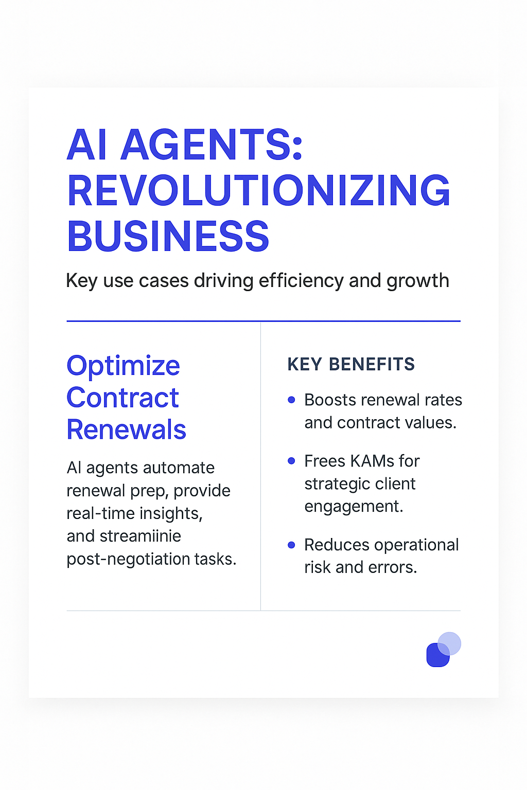 AI Agents Revolutionizing Business infographic - Optimize Contract Renewals key benefits including boosted renewal rates, freed KAMs for strategic client engagement, and reduced operational risk for contract renewal negotiation