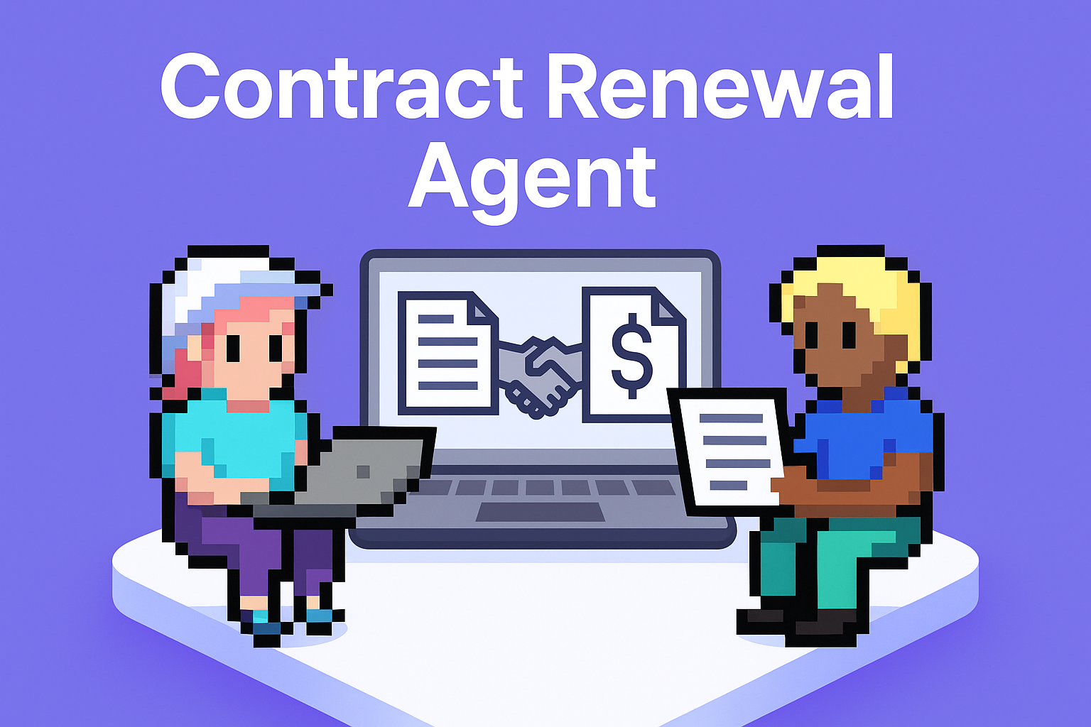 Contract Renewal Agent - AI-powered contract renewal negotiation tool showing two professionals collaborating with laptop displaying handshake icon and dollar sign for key account managers
