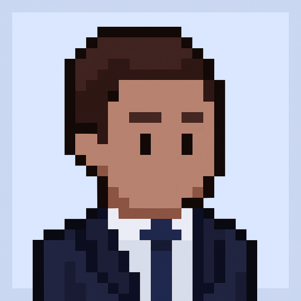 Professional AI agent avatar for contract renewal negotiation - pixel art style business professional in dark suit representing key account manager expertise