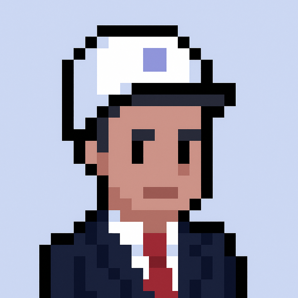Professional AI agent avatar for contract renewal negotiation - pixel art character in business suit with white cap representing key account manager expertise
