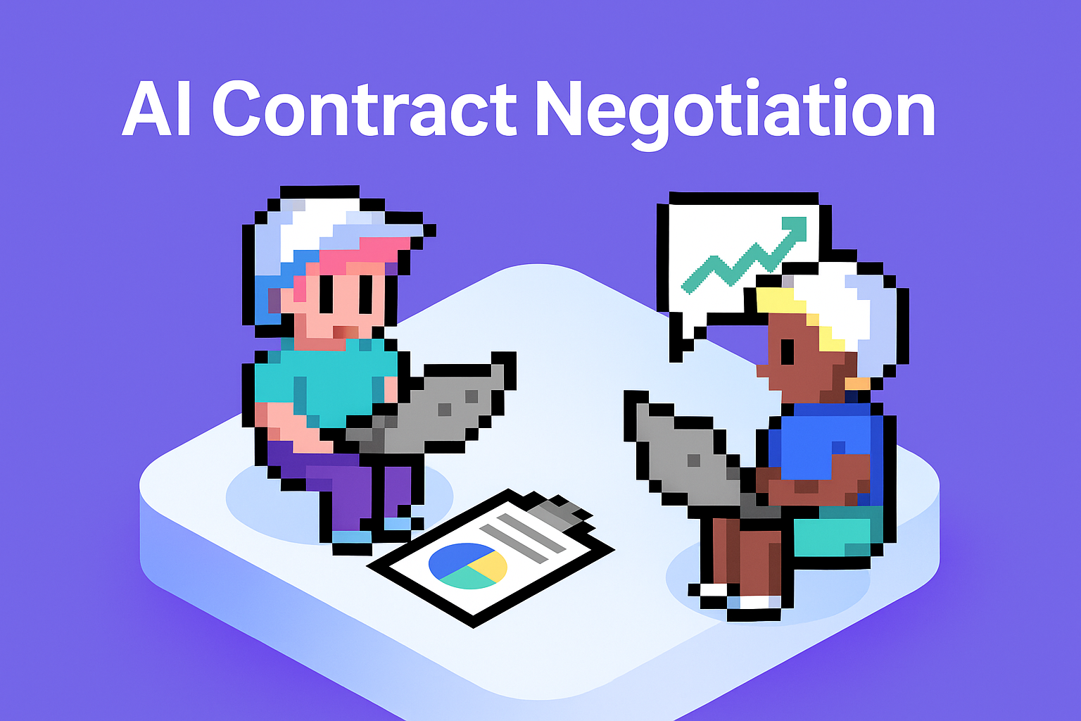 AI Contract Negotiation - Two professionals using laptops with data analytics charts and upward trend graph for contract renewal meetings