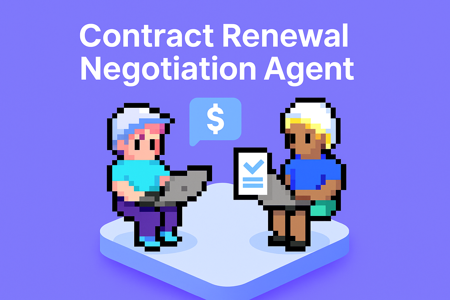 Contract Renewal Negotiation Agent - two AI-powered professionals collaborating on laptops with dollar sign speech bubble representing successful contract negotiations for key account managers