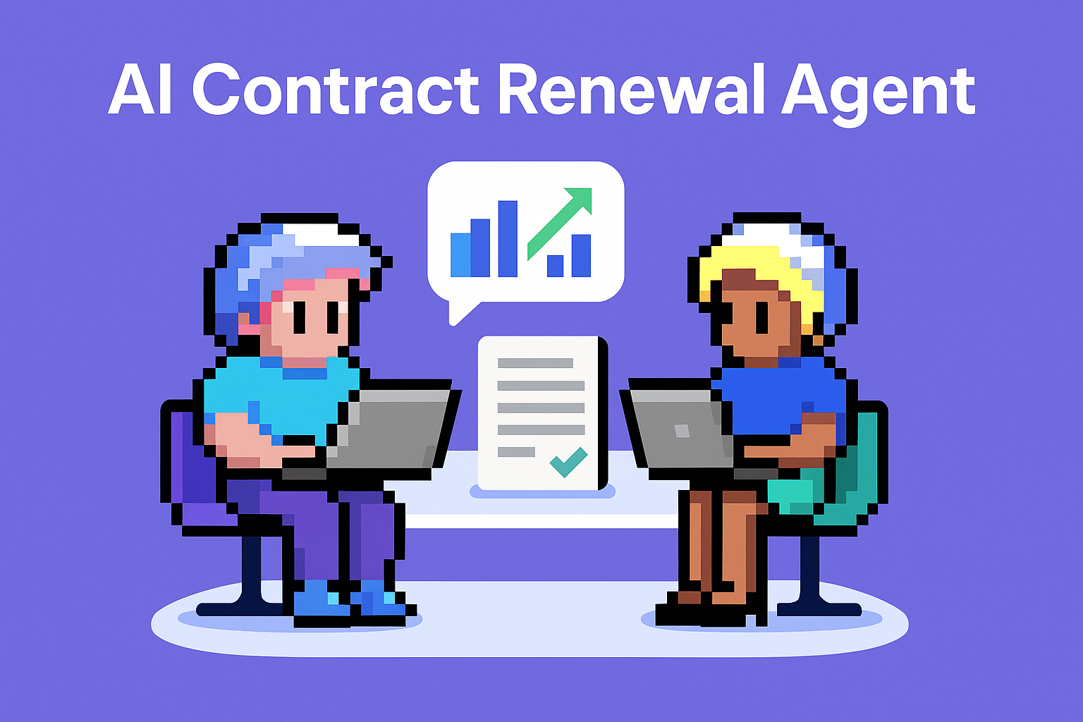 AI Contract Renewal Agent - two key account managers collaborating with laptops and contract negotiation analytics showing upward growth trends
